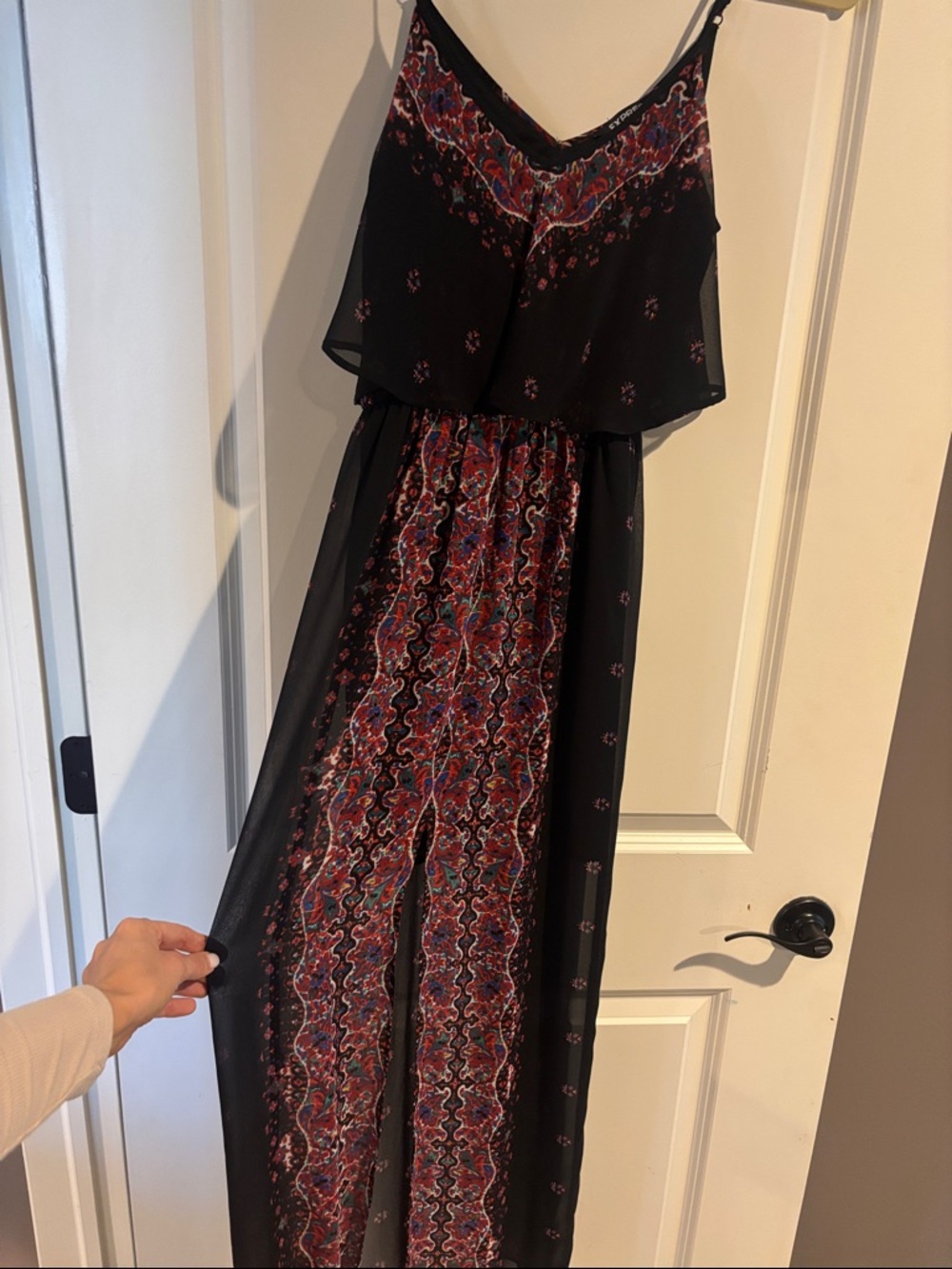Express Black Maxi Dress with Red and Blue Floral Print